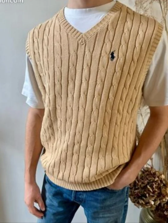 Ralph Lauren Polo Mens XL Tan Cable Knit Cotton V-Neck Sweater Vest Grandpacore