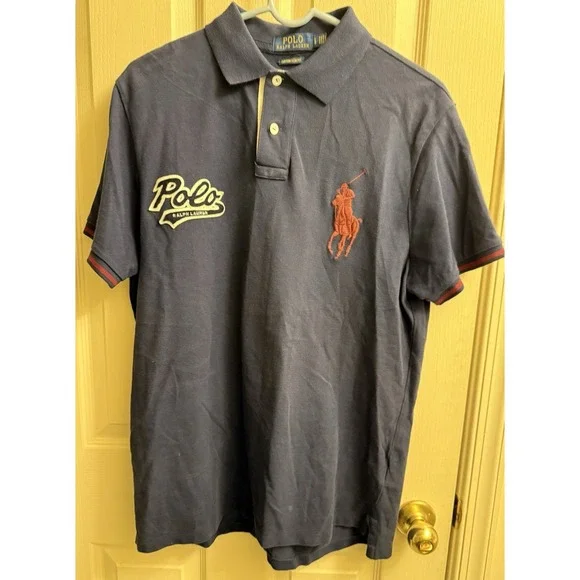 Polo‎ Ralph Lauren Blue Varsity Script Letter Polo Shirt Men's Large Slim Fit