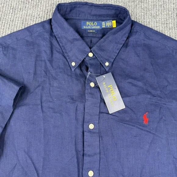 Polo Ralph Lauren Men's 100% Linen Short Sleeve Classic Fit Camp Shirt XXL Blue