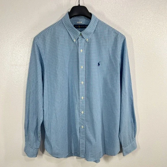 Polo Ralph Lauren Custom Fit Stretch Poplin Shirt‎ Men XXL Blue White Gingham