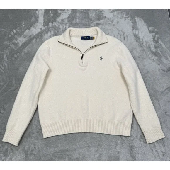 Polo Ralph Lauren 1/4 Zip Pullover Mens XL Cream Ivory White 100% Wool Gray Pony