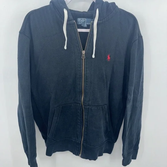 Vintage Mens Polo Ralph Lauren Black Red Pony Full Zip Hoodie Size Large‎