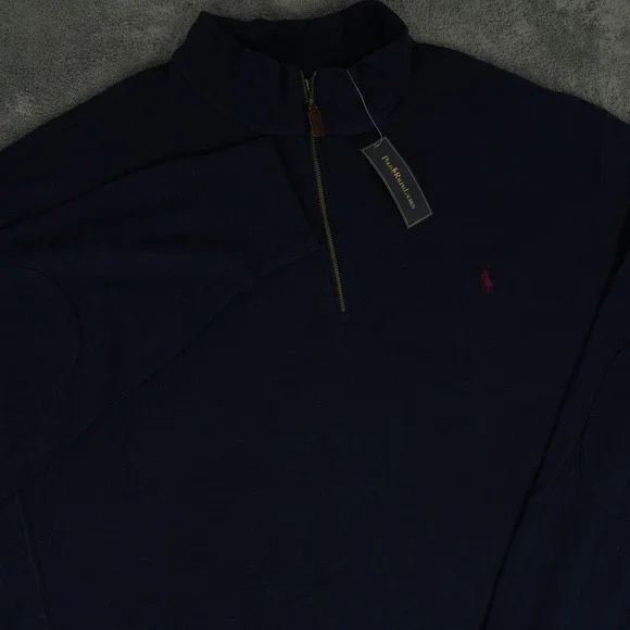 Polo Ralph Lauren Pullover Sweater Mens 3XLT Navy Blue 1/4 Zip Elbow Patch NWT