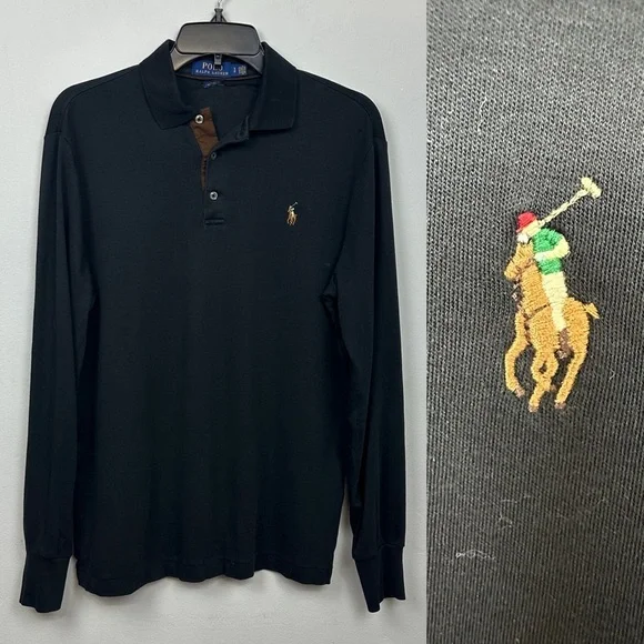 Polo Ralph Lauren Black Long Sleeve Embroidered Pony Polo Shirt Sz S