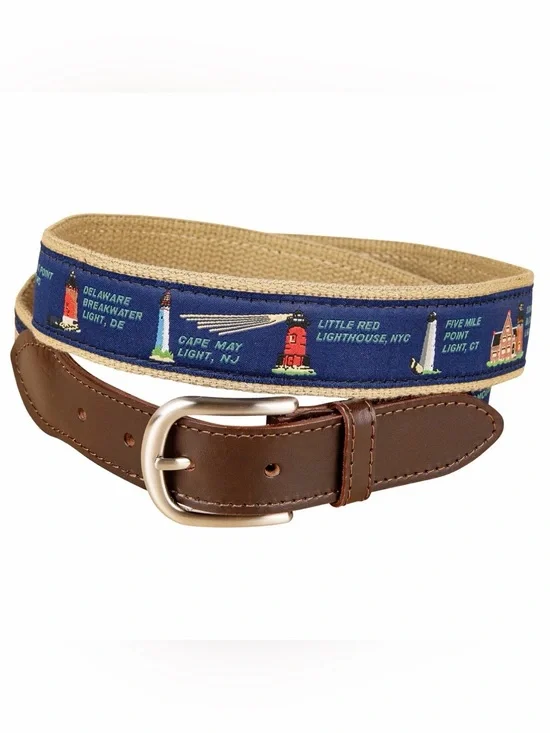 Belted Cow Lighthouse Belt Tan Navy Blue Brown Leather Trim Preppy