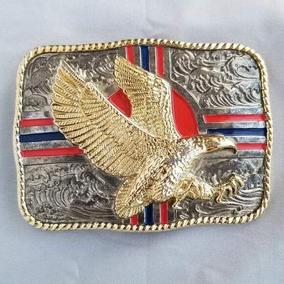 Vintage Belt Buckle Big American Bald Eagle Stripes Western Gold and Silver Colo