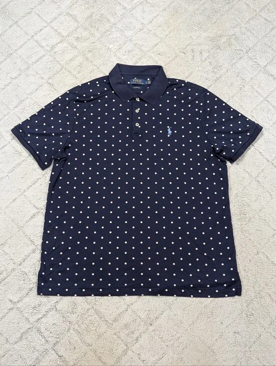 Polo Ralph Lauren Shirt Mens L Blue Navy Polka Dot Performance Classic