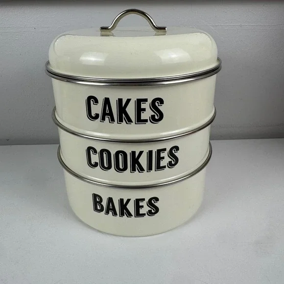 Typhoon Living Retro Cream Enamel 3 Tier Nesting Cake Cookie Bakes Storage Tin