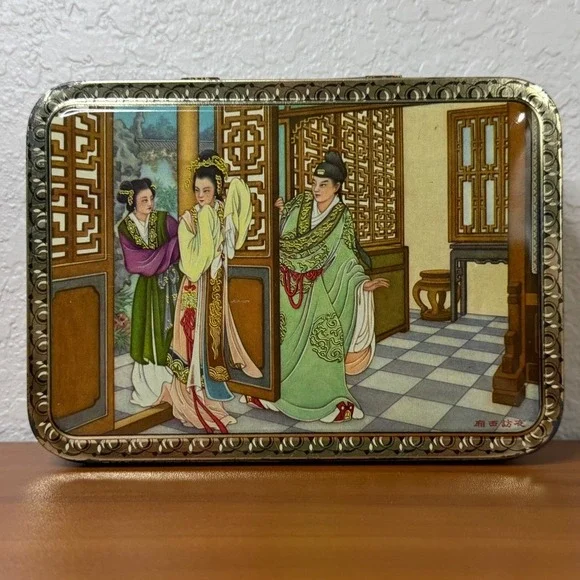 Vintage Ming Kung Cake Tin Box Hung To Yuen Co Hong Kong Hinged Litho Chinese