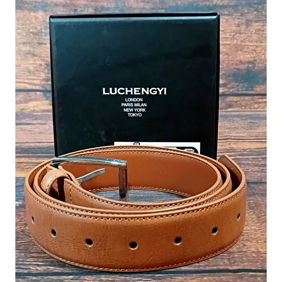 Luchengyi Mens Tan Brown Genuine Leather Belt Size 34 Business Casual Silver