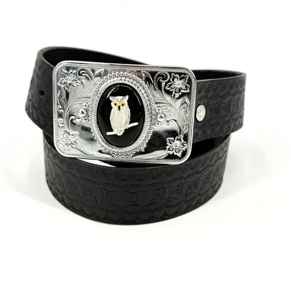 Cameo Owl Belt Buckle with 36 inch Black Tooled Leather Belt 1.5 Inch Width