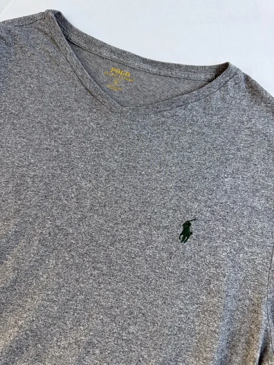 Polo by Ralph‎ Lauren Gray V-Neck Shirt with Yellow Logo Print