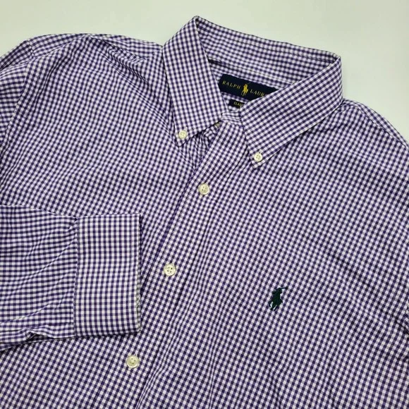 Polo Ralph Lauren Mens Large Classic Fit Gingham Performance Shirt Purple White
