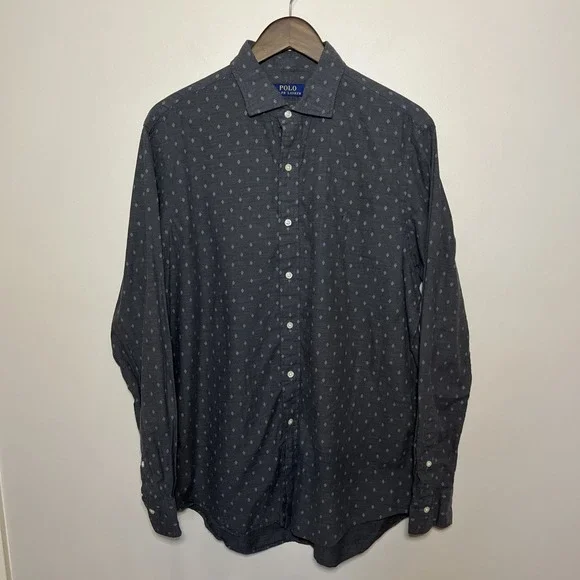 Polo Ralph Lauren Men's Gray Diamond Pattern Button Front L/S‎ Shirt Sz Large
