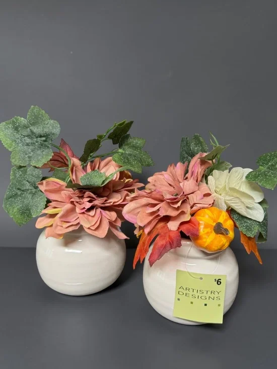 NWT Set of 2 Fall Floral Arrangements Pumpkin Ceramic Vases