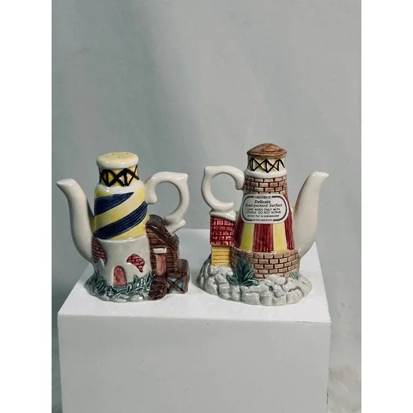 Fitz and Floyd Omnibus Lighthouse Teapot Salt and Pepper Shaker Set Vintage 1989