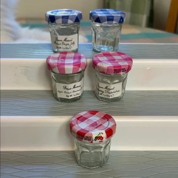 Bonne Maman Bundle of 5 Clear Glass with Assorted Color Gingham Lids Jars 1 Oz