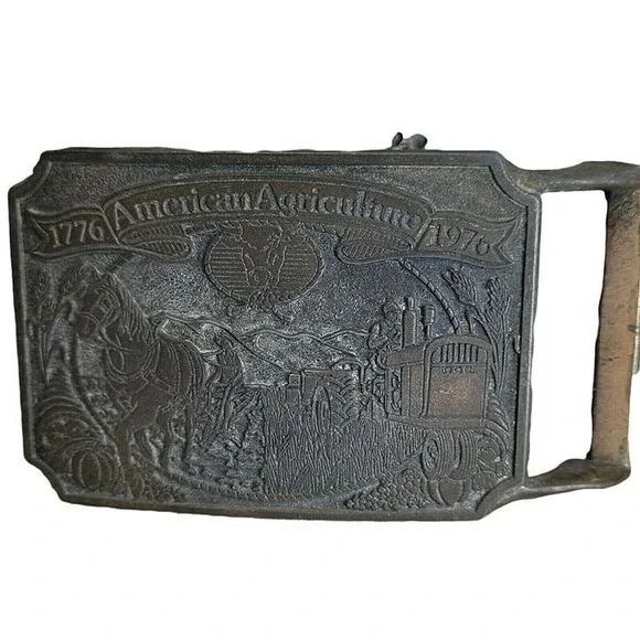 Ortho Belt Buckle Mens Bronze American Agriculture Bicentennial 1776-1976 Vtg