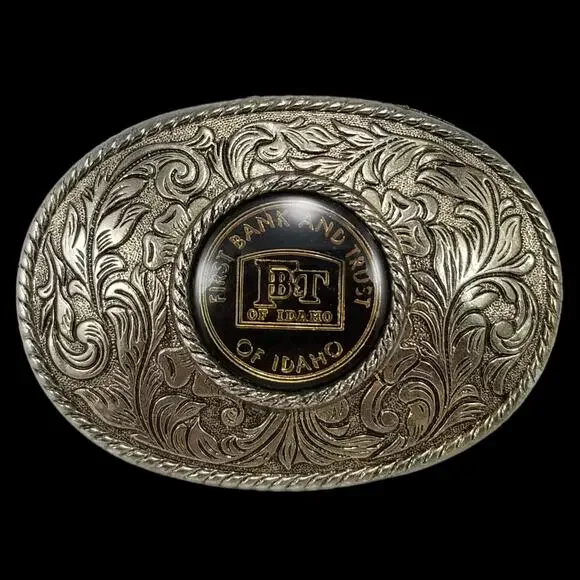 VTG FB&T Belt Buckle First Bank And Trust Of Idaho Western Filigree‎ Rope Edge