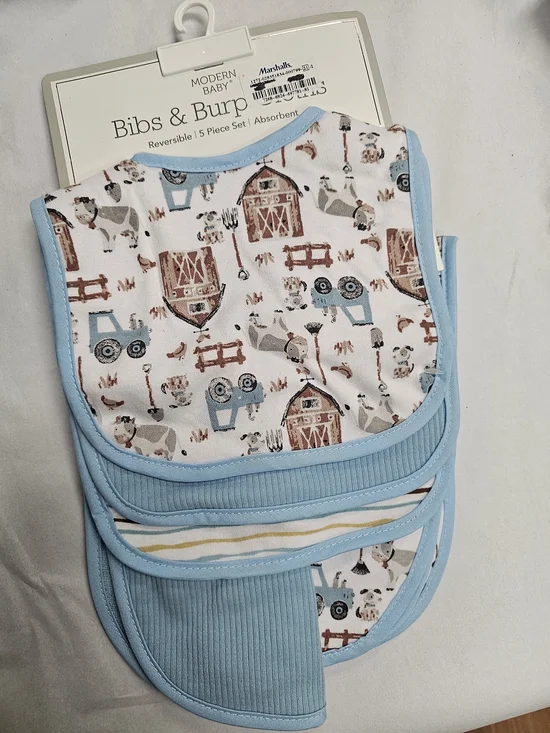 Blue Farm Print Reversible Bibs & Burp Cloth 5 Piece Set