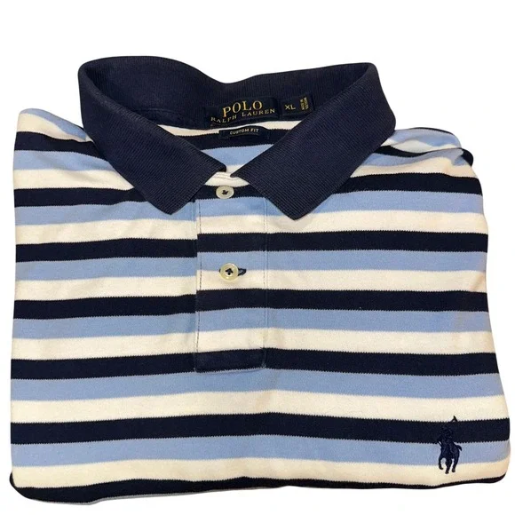 Polo Ralph Lauren Mens XL Custom Fit Striped Polo Shirt Navy Blue White