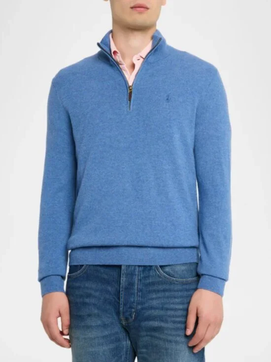 Polo Ralph Lauren Quarter Zip Pullover Sweater Preppy Old Money Blue - Large