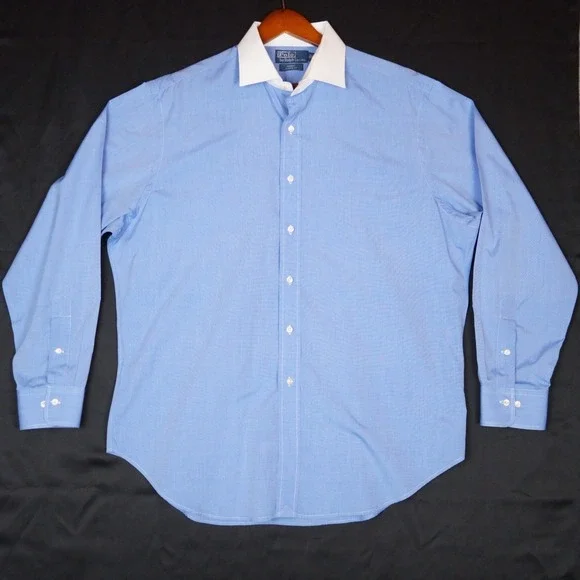 Polo Ralph Lauren Dress Shirt Mens 17 34/35 Blue White Regent Classic Fit Cotton