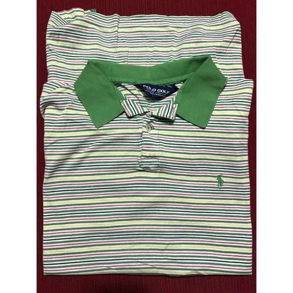 Polo Golf Ralph Lauren Yellow GreenStriped‎ Shirt Green Pony Sz Large