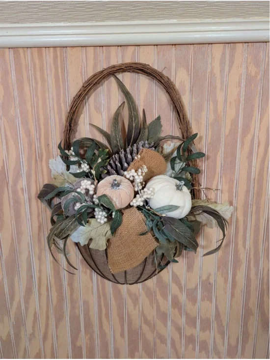 Festive Floral Door Wreath with Faux Flowers & Neutral Colors NWOT