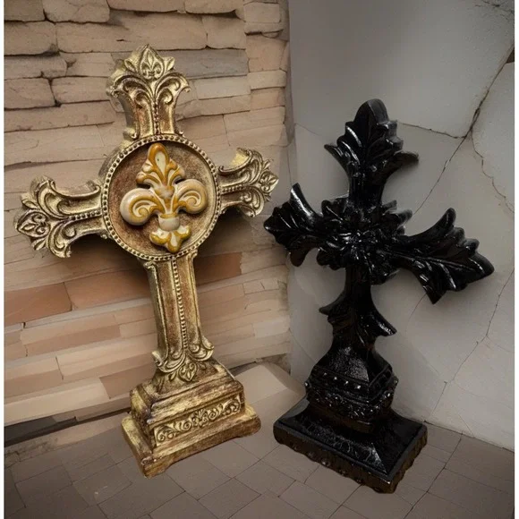 Heavy Distressed Fleur De Lis Cross Tabletop Accent Victorian Gothic Lot Of 2