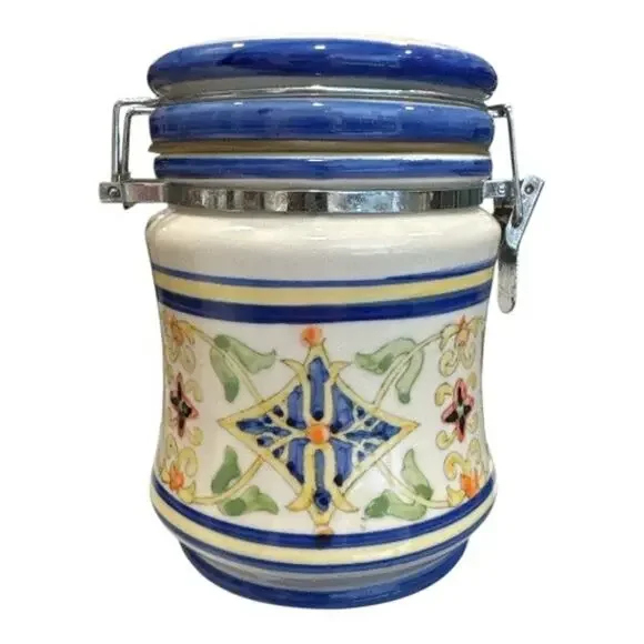 Vintage Floral Print Porcelain Canister Tight Clamp Lid