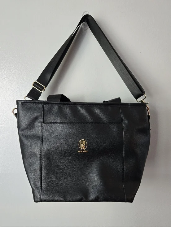 Eco One New York Black Faux Leather Insulated Lunch Bag Tote Gold Logo