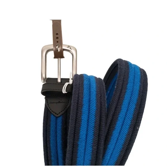 Tommy Bahama Braided Stretch Belt Mens Large Navy Blue New Leather Trim