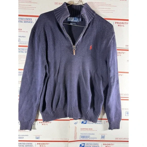 Vintage Polo Ralph Lauren Sweater Men's Blue Red Pony 1/4 Quarter Zip Knit‎ Sz S