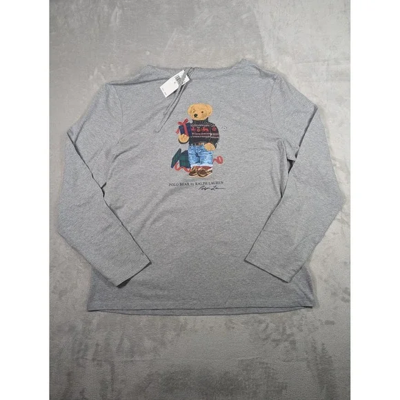 Polo Ralph Lauren‎ Hooded Shirt Mens XL Gray Polo Bear Christmas Long Sleeve NWT