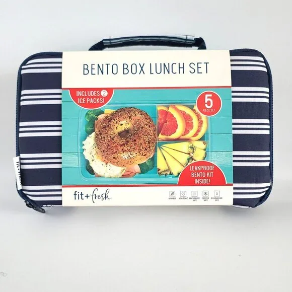 Fit & Fresh Bento Lunch Set 5 Pc Striped w 2 Ice Pack Insulated Zip Bag Navy NEW