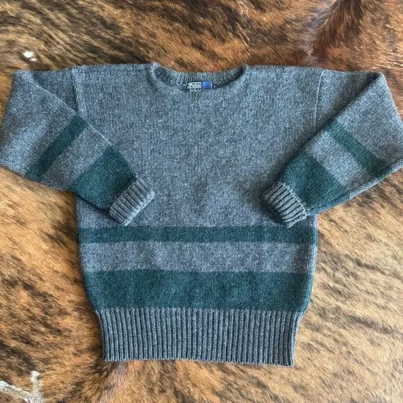 Vintage Polo Ralph Lauren 100% Wool Chunk Knit Striped Sweater Preppy
