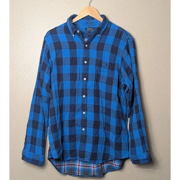 Polo Ralph Lauren Plaid Button Down Shirt Blue‎ Classic Fit Cotton Mens L