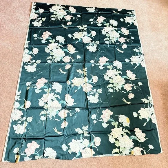 Vintage Schumacher Venus Floral Fabric Panel Pink Roses Dark Teal Cottagecore