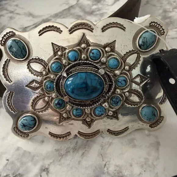 Guess Genuine Mens Leather Concho Belt Western Faux Turquoise Buckle Boho XL NWT