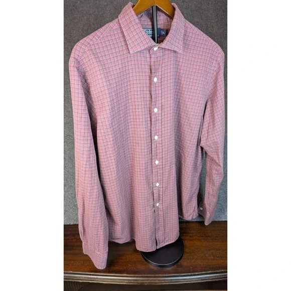 Polo Ralph Lauren Stanton Custom Fit Button Front Shirt Mens XL Pink Plaid Cotto