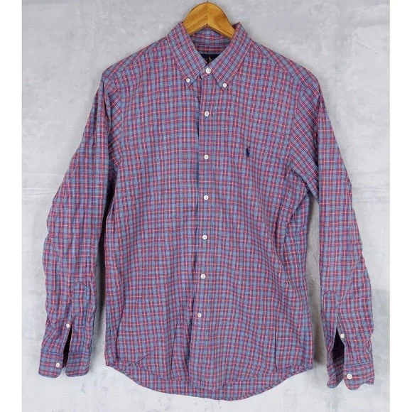 Polo Ralph Lauren Mens Medium Blue‎ Red Gingham Plaid Check Shirt Cotton