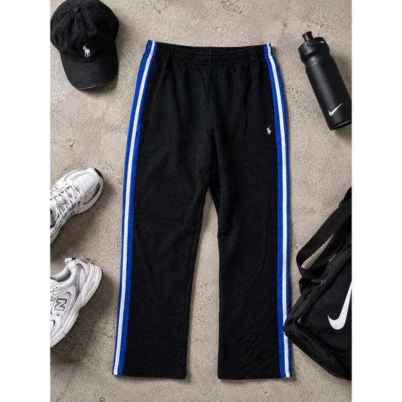 Polo Ralph Lauren Men's Black Cotton Track Pants, Made in Hong Kong , Size Large