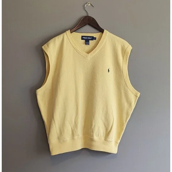 Vintage Polo Golf Ralph Lauren Mens Large Yellow V Neck Sweater Vest Cotton USA