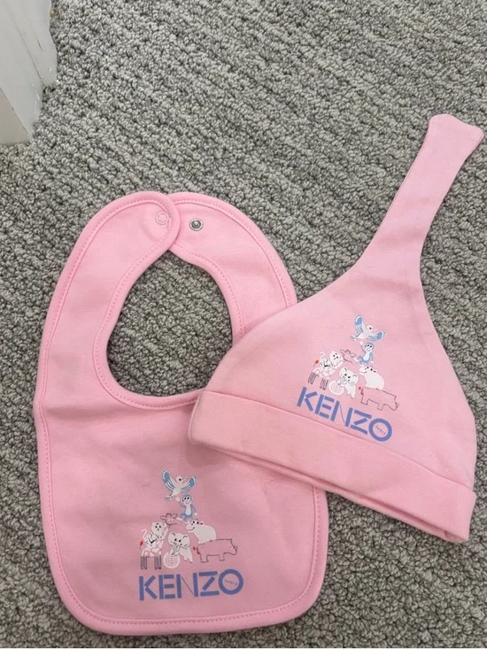 Kenzo Pink Baby Bib and Hat Set with Animal Motif