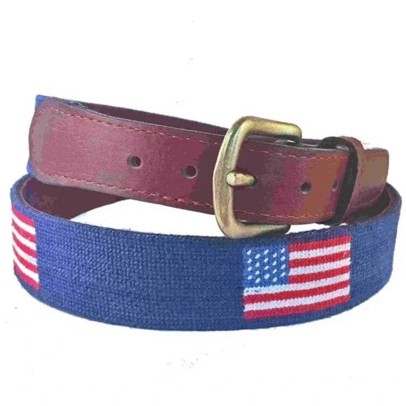 Smathers & Branson Needlepoint Belt 42 American Flag Leather USA 4th July USA