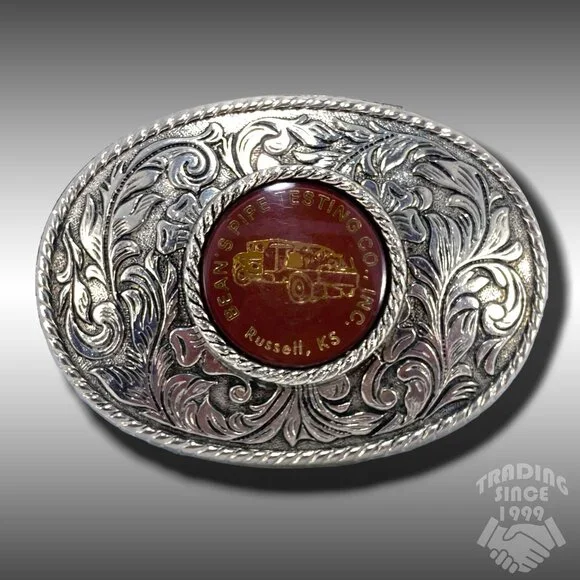 Belt Buckle Bean's Pipe Testing Co, Inc. Russell, Kansas Silver Color Oval Weste