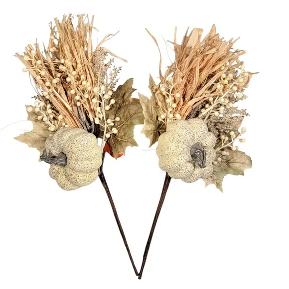 Fall Pumpkin Floral Spray Set of 2 Cream Berries Maple Leaf Raffia Autumn Picks