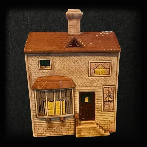 VTG VICTORIAN HOUSE COOKIE JAR 2 STORY SAN FRANCISCO STYLE CERAMIC BROWN 8”