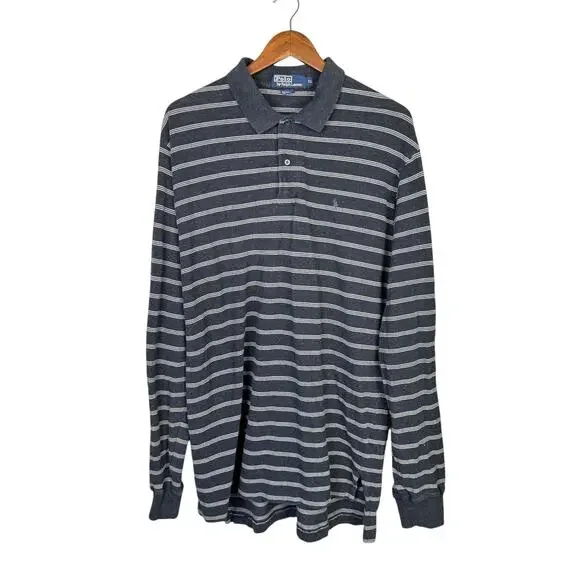 Polo by Ralph Lauren Men's Charcoal Gray Stripe Long Sleeve Polo Collared Shirt
